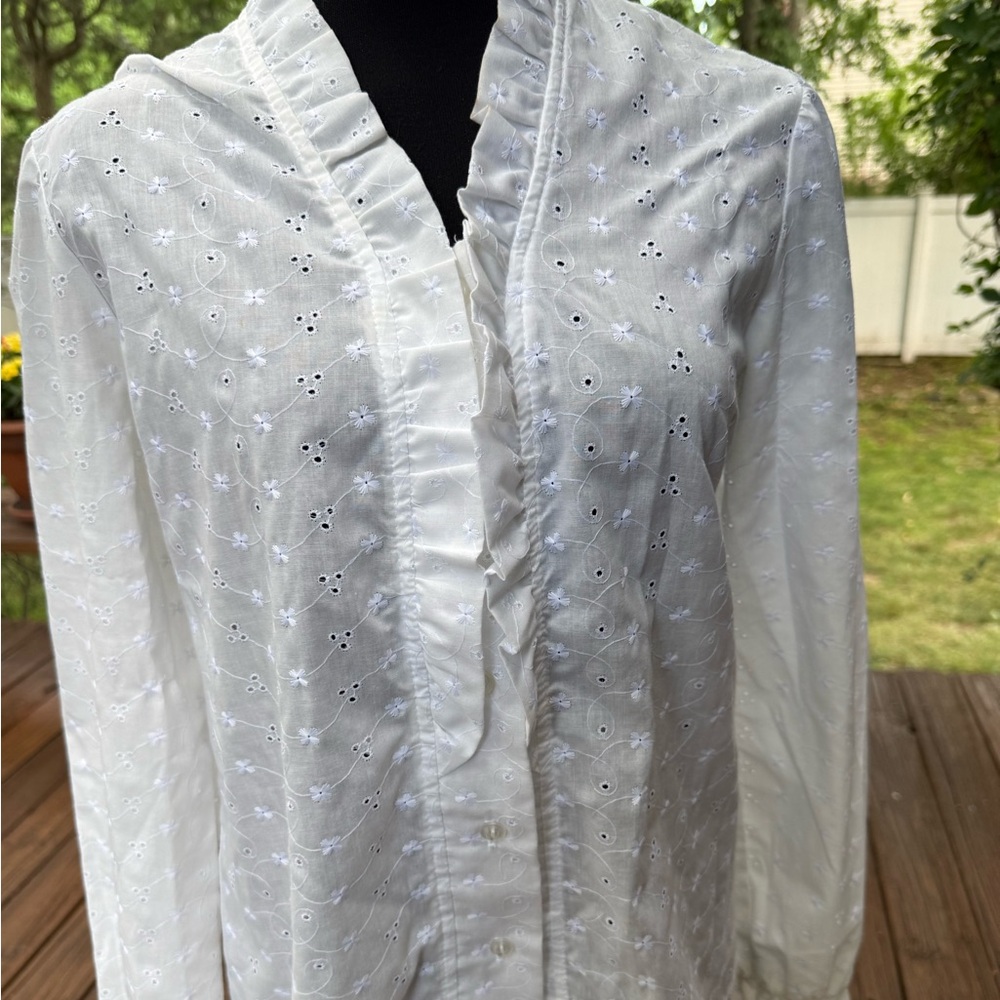 Vicki Wayne's Vintage White Eyelet Ruffle‎ Blouse Long Sleeve Button Up Size 14